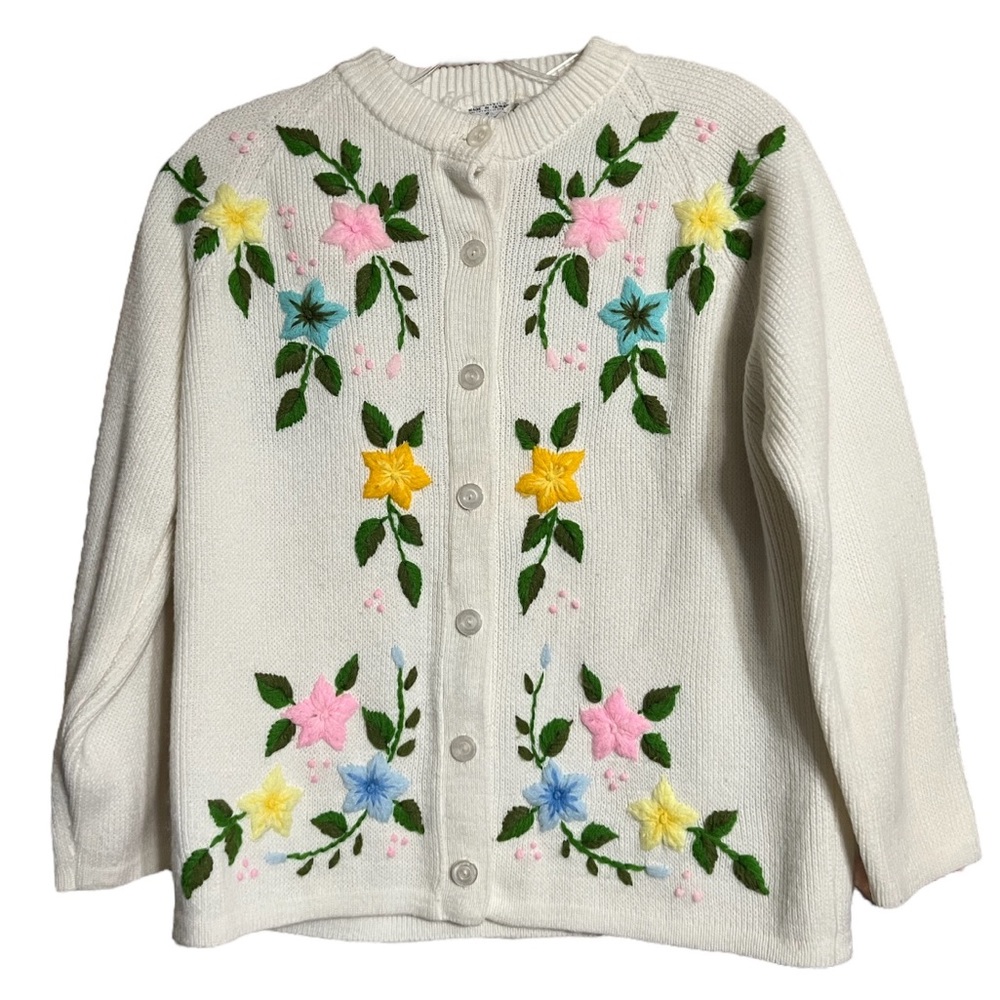 Vintage Sweater Bee By Banff White Cardigan Hand Embroidered Flowers Sz M EUC